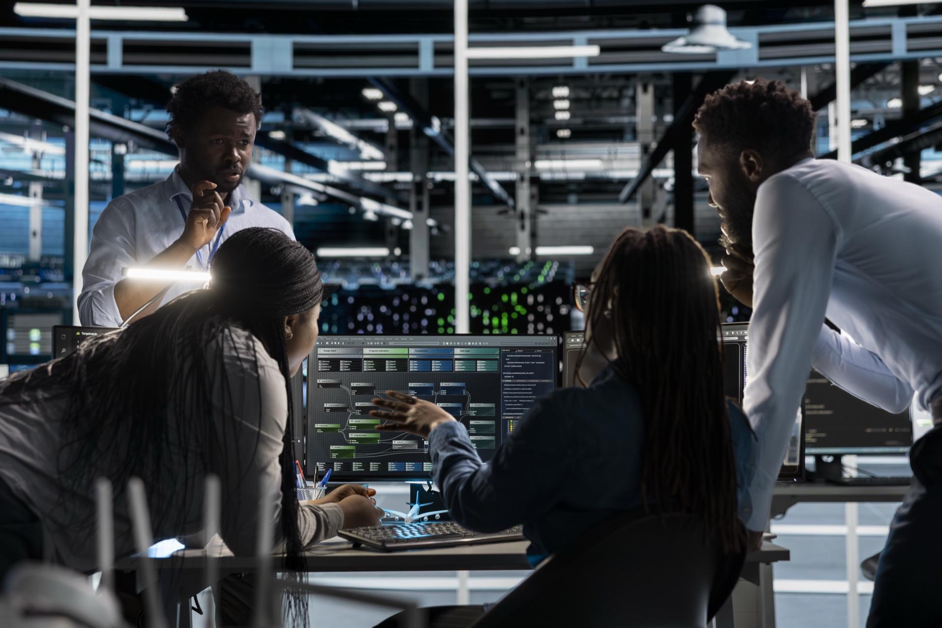A team of engineers discussing work around a desk in a data center