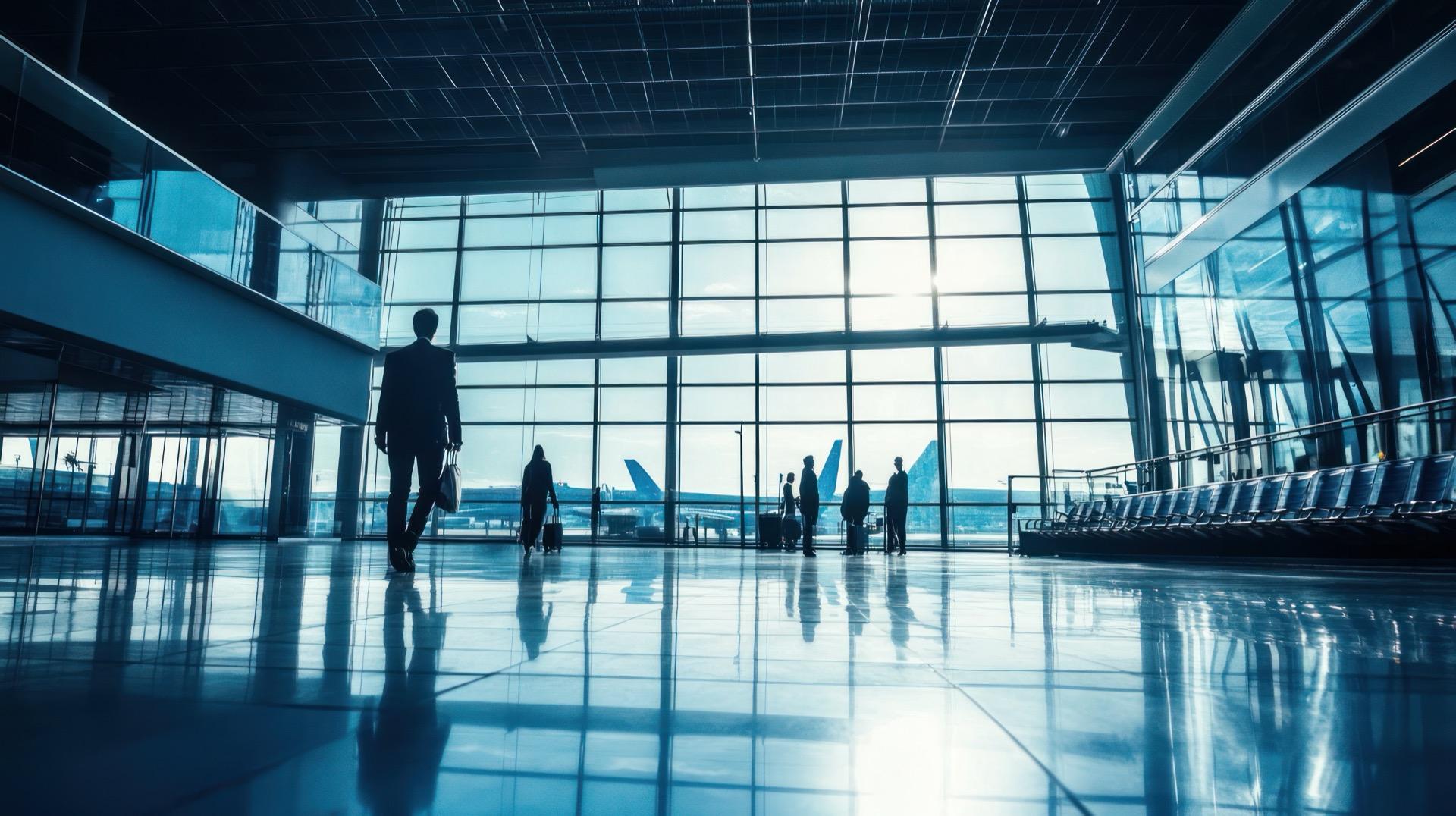 Passengers in an airport terminal hall looking out at the runway