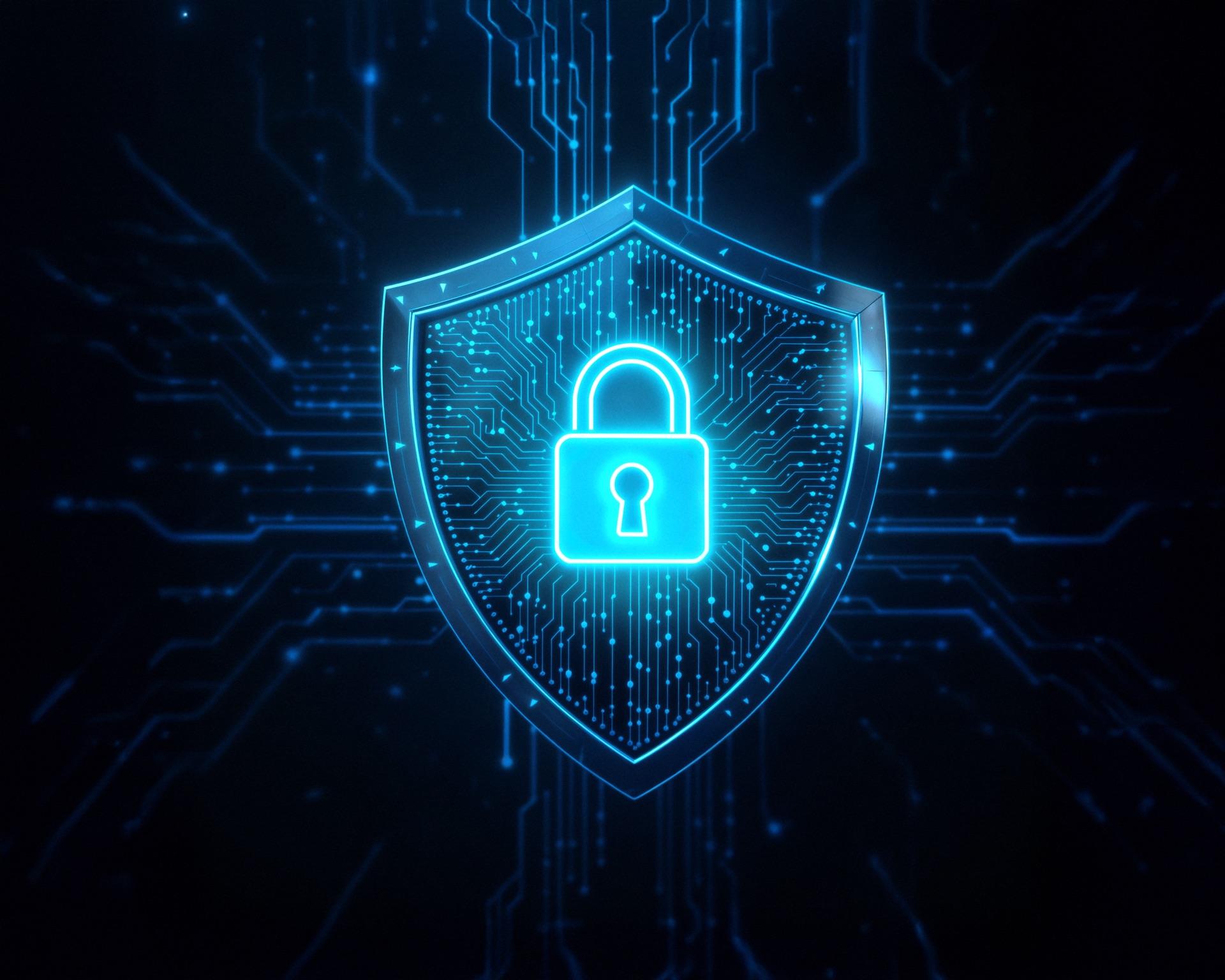 Glowing security shield with a padlock over an electronic circuit