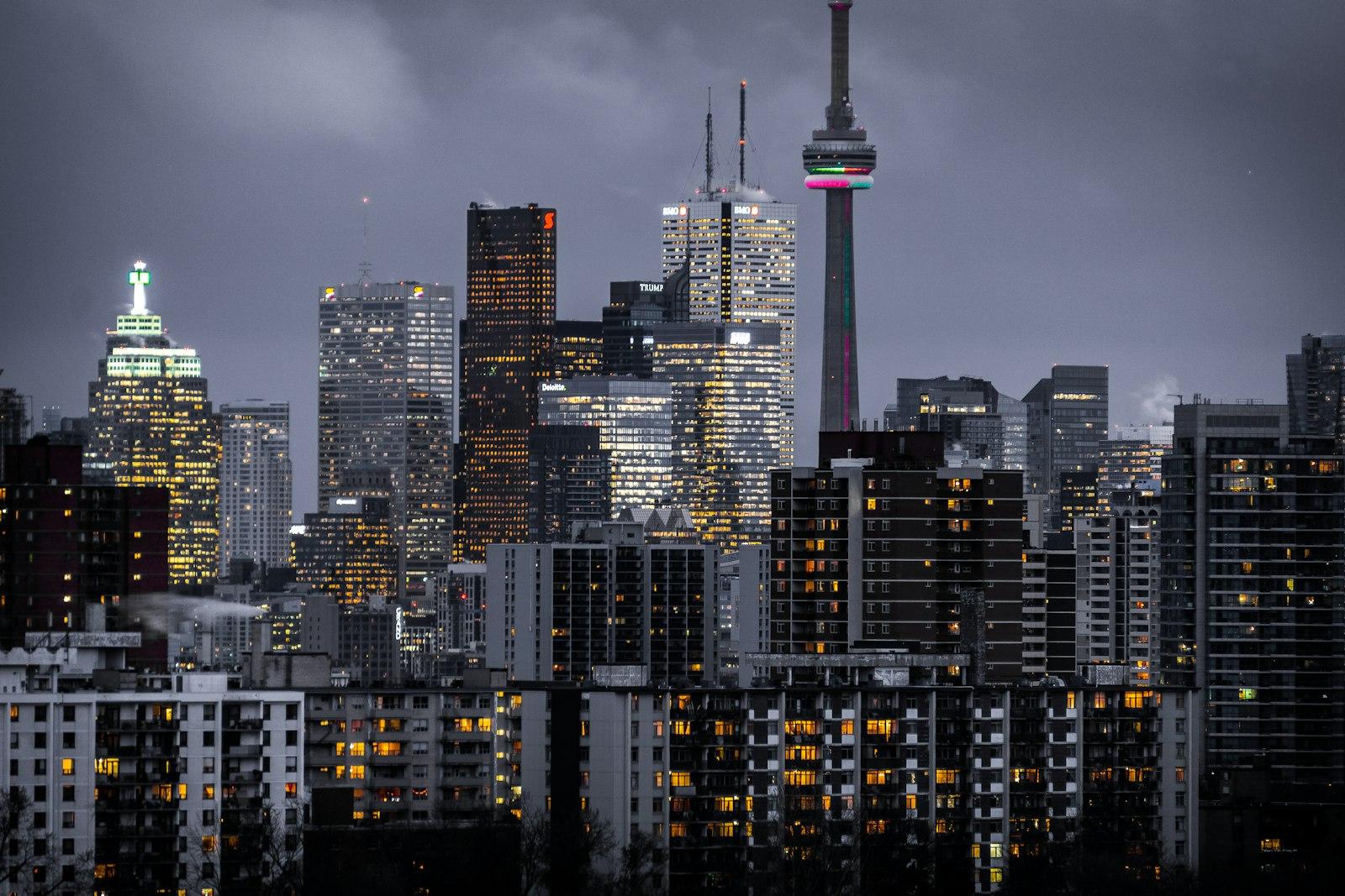 City at night with illuminated buildings