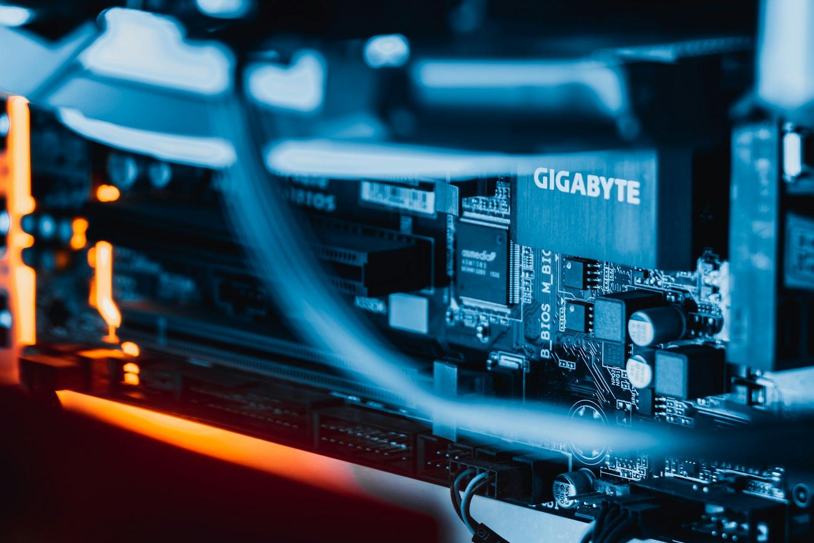 Blue-lit server components inside the equipment